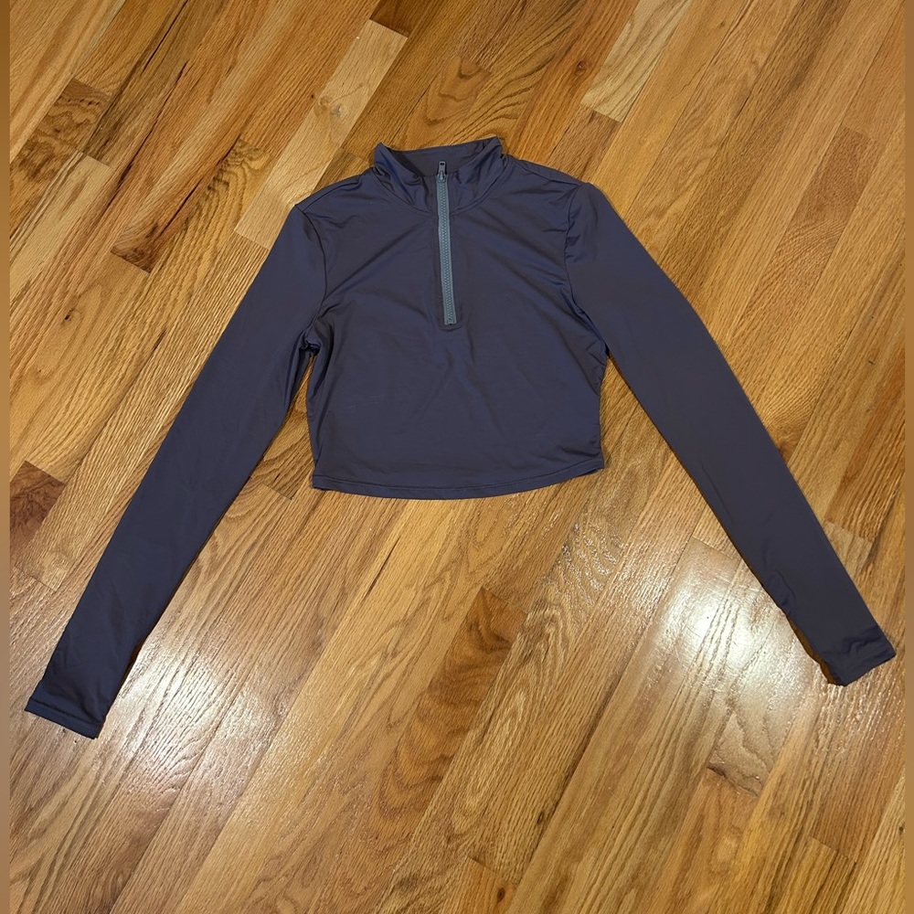 SHEIN Slate Gray Athletic Cropped Quarter-Zip Long Sleeve Top